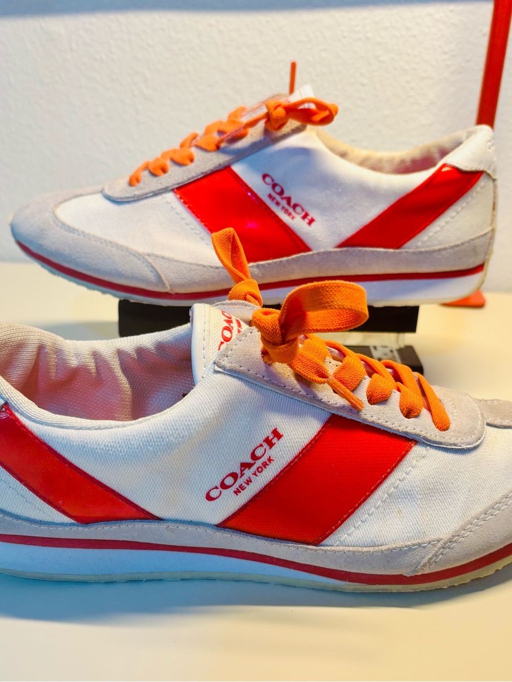Coach Sneakers with Light Gray Suede and Orange Accents